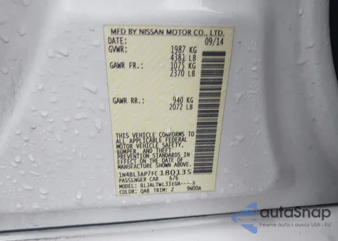 2015 Nissan Altima 3.5 Sl z USA, uszkodzony, nr VIN 1N4BL3AP7FC180135